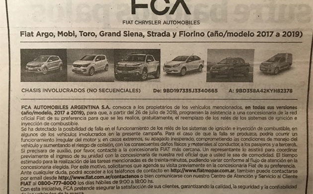 Fiat llama a revisión a seis modelos en la Argentina